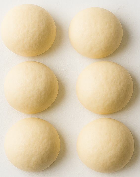 Six round pieces of 10 ounce pizza dough non gmo, glyphosate free