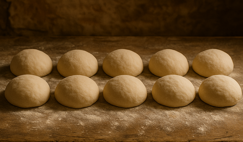 Row of raw pizza dough balls Glyphosate-free and non-GMO on a wooden surface with a dark background