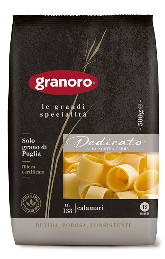 Packaging of Granoro Attilio Pasta Number 138 Calamari, showing the pasta and the brand logo, indicating it is made in Italy.