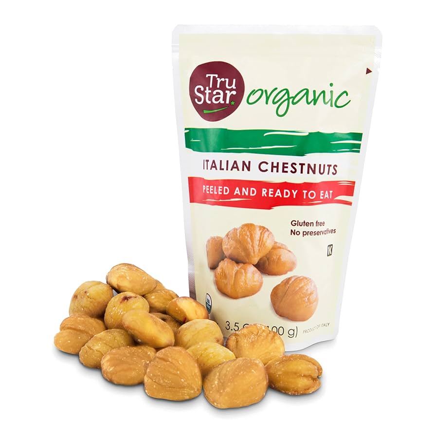 Tru Star Organic Italian Chestnuts packaging with chestnuts in front on a white background