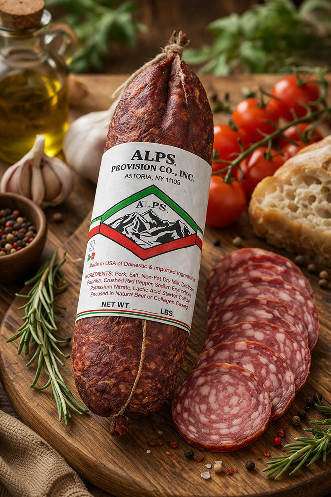 Alps Provision Co.  Soppressata label on a wooden board with tomatoes and bread