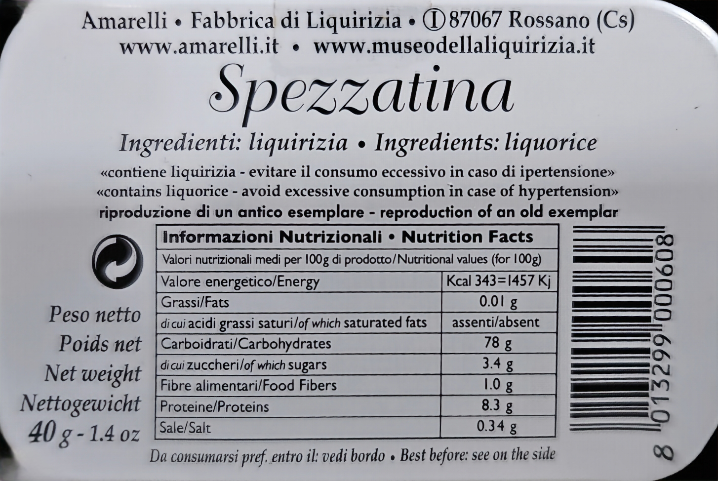 Amarelli - Amarelli Rossano - Pastilles Of Pure Liquorice Hard Candy - 2 Pack nutritional information