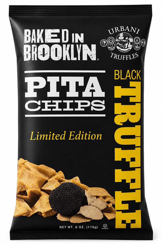 Baked in Brooklyn Bag of Urban Truffle Black Truffle Pita Chips with branding and product details.