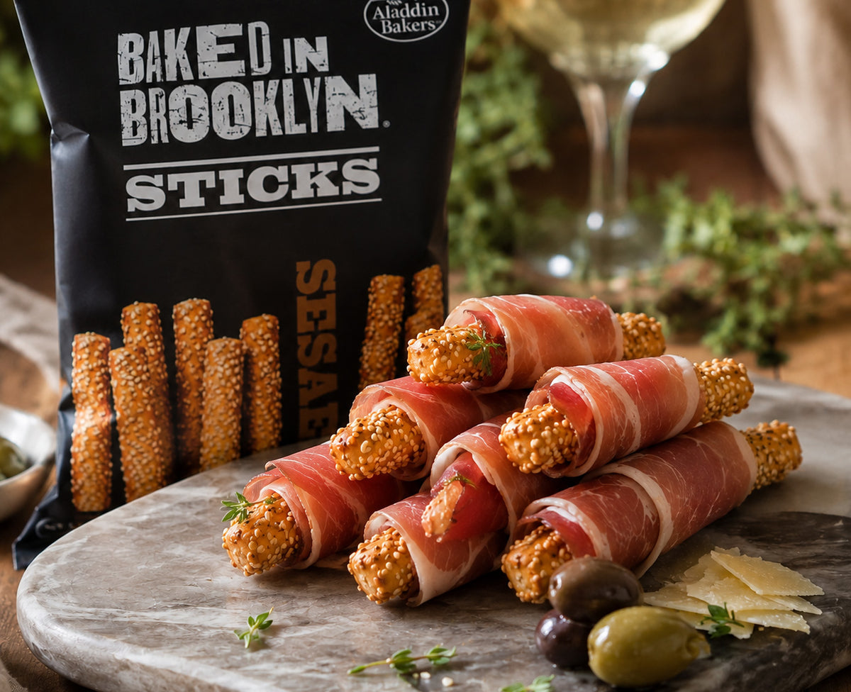 Baked in Brooklyn Sesame Sticks wrapped in Prosciutto 