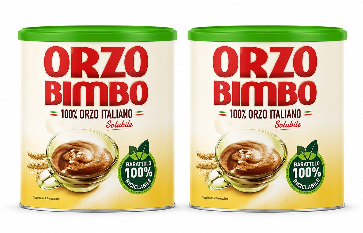 Two cans of Orzo Bimbo with green lids on a white background