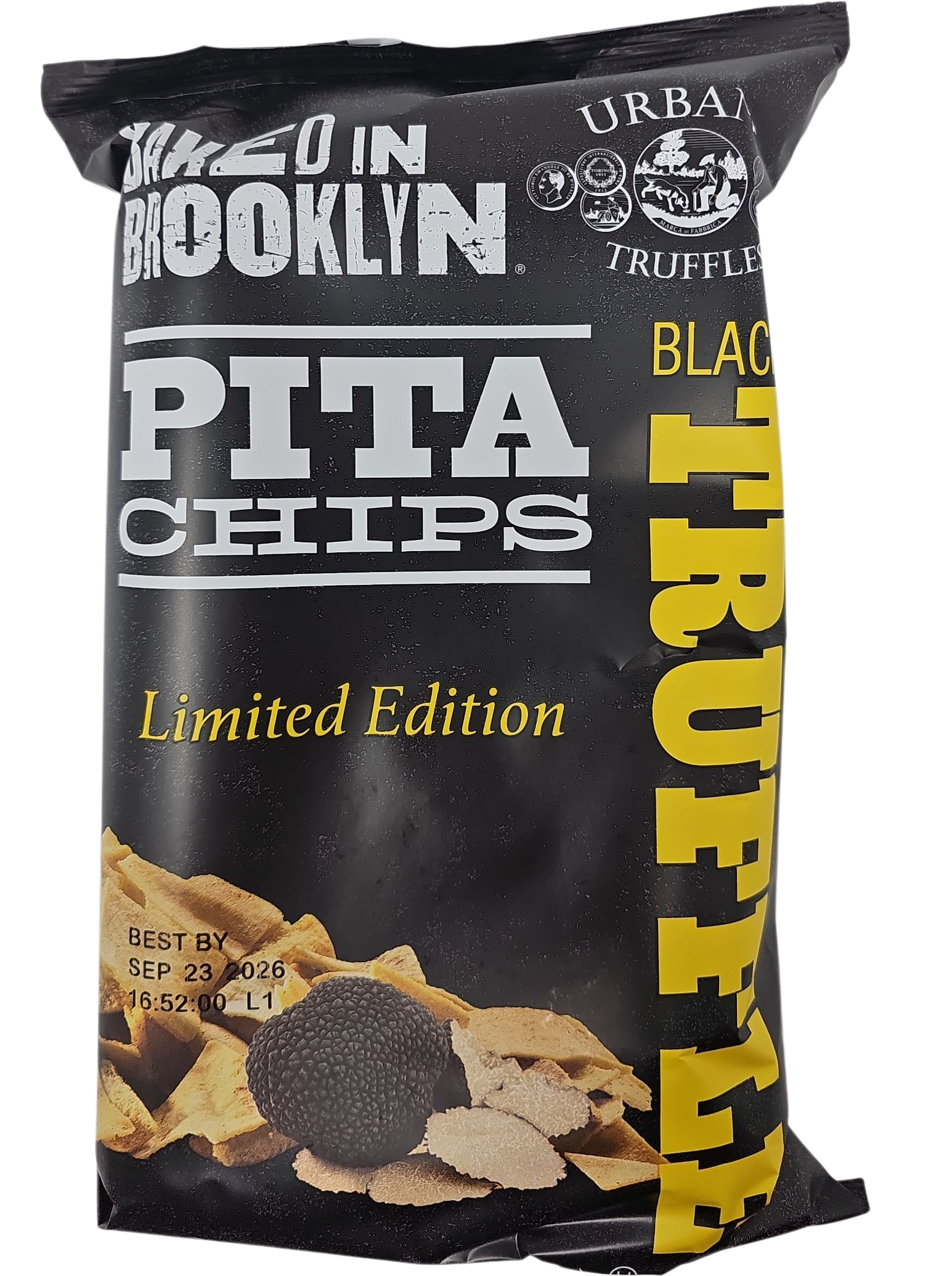 Baked in Brooklyn Bag of Urban Truffle Black Truffle Pita Chips with branding and product details.