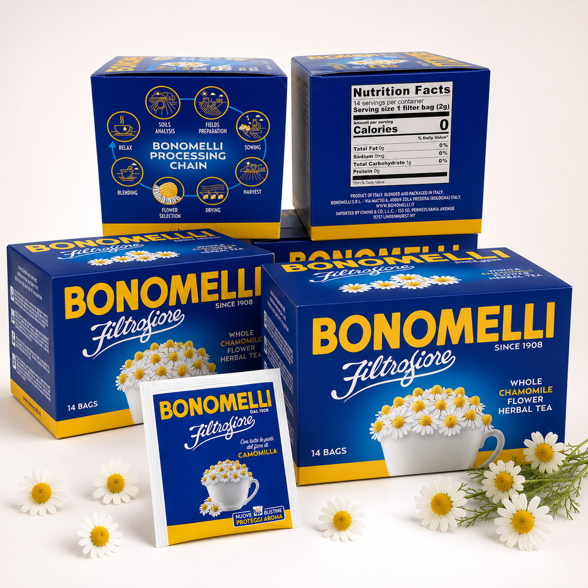 Four blue and yellow boxes of Bonomelli whole chamomile flower herbal tea arranged on a white background, with a single tea bag packet standing in front and small white chamomile flowers scattered around. With Nutrition Facts.