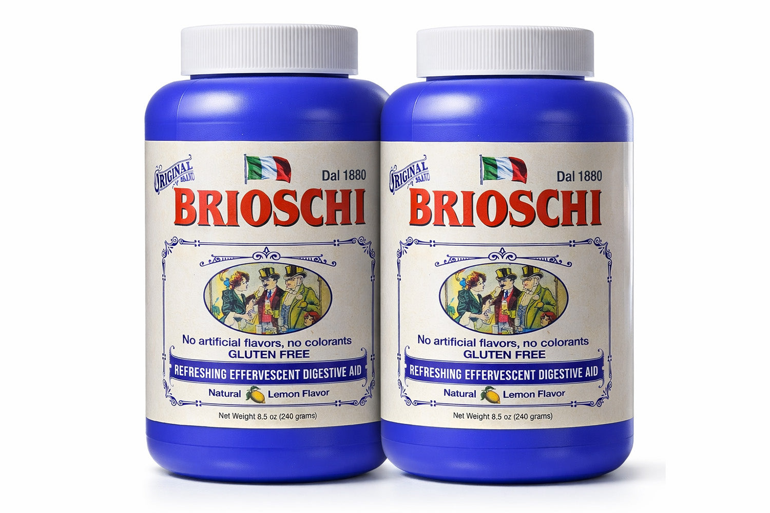 Two blue bottles of Brioschi on a white background