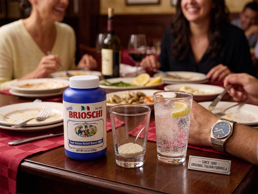 Brioschi bottle on a table with people dining in the background