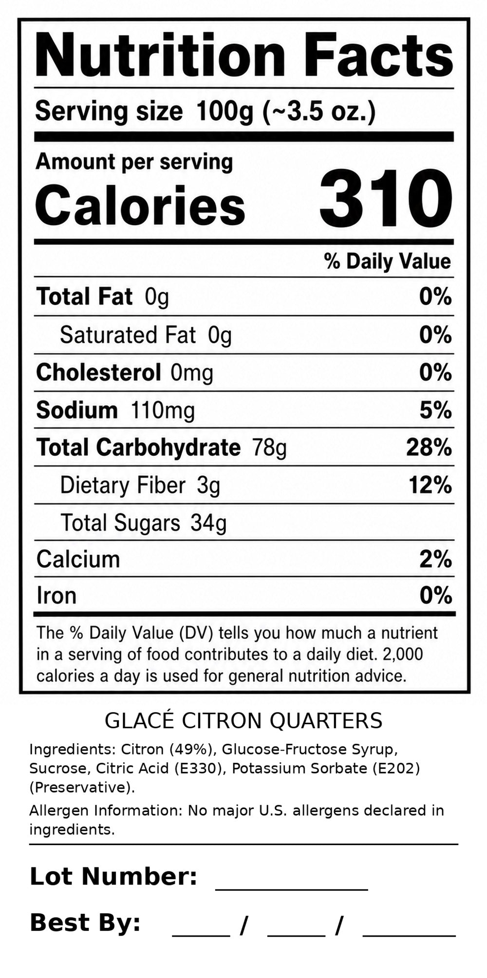 Whole Quartered Candied Citron Nutrition information.