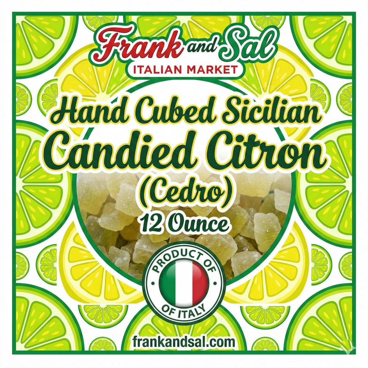 Packaging of Frank and Sal Italian Market Sicilian Candied Citron with lemon slices on a green background.