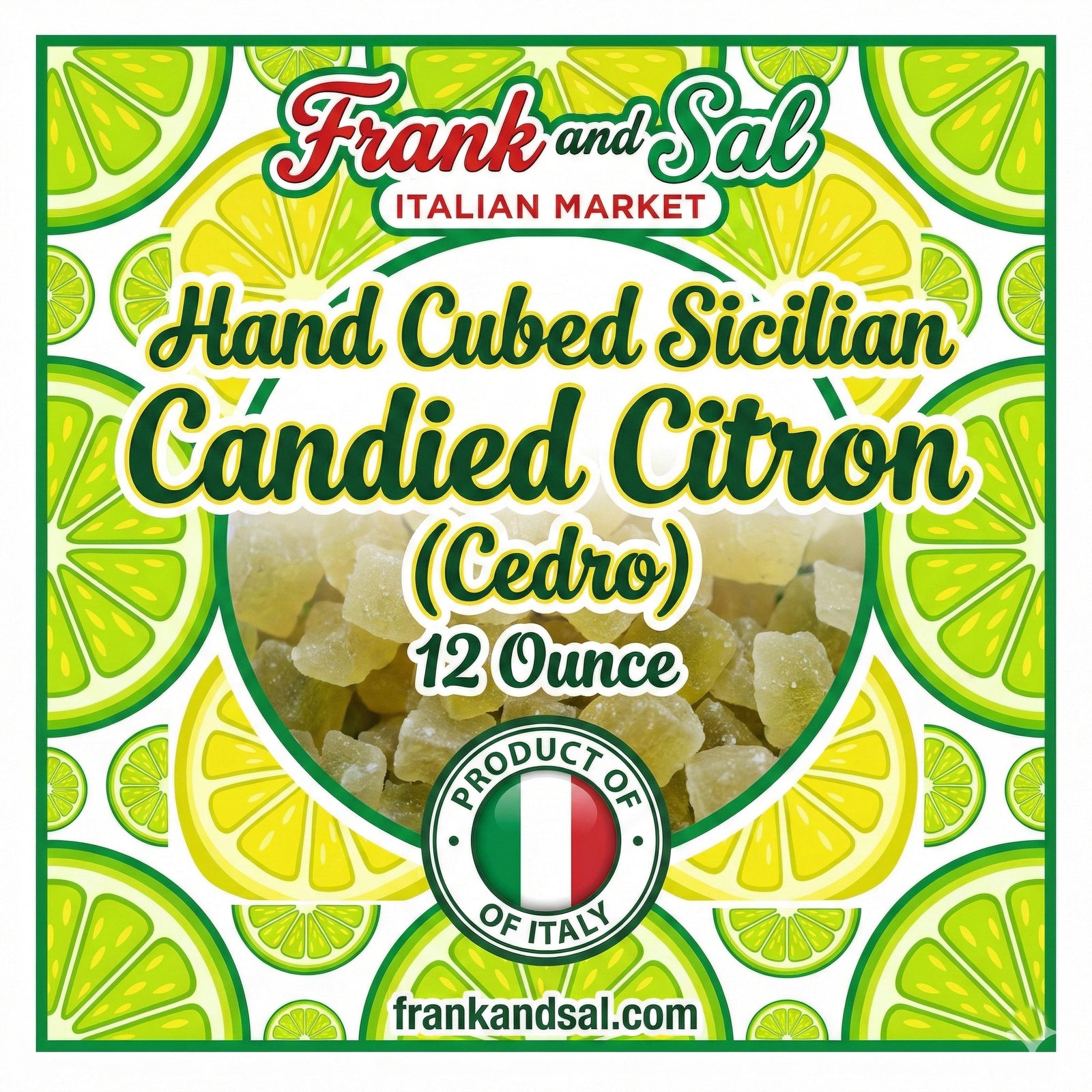 Packaging of Frank and Sal Italian Market Sicilian Candied Citron with lemon slices on a green background.