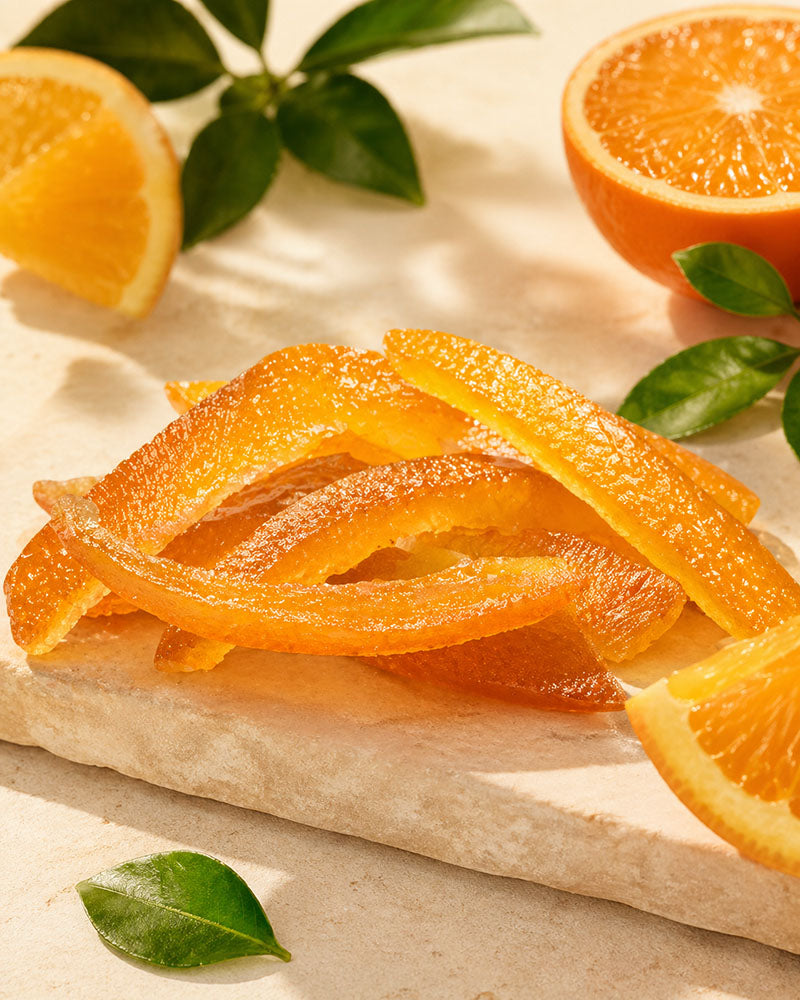 Candied Orange Peel on a white background with oranges cut in half