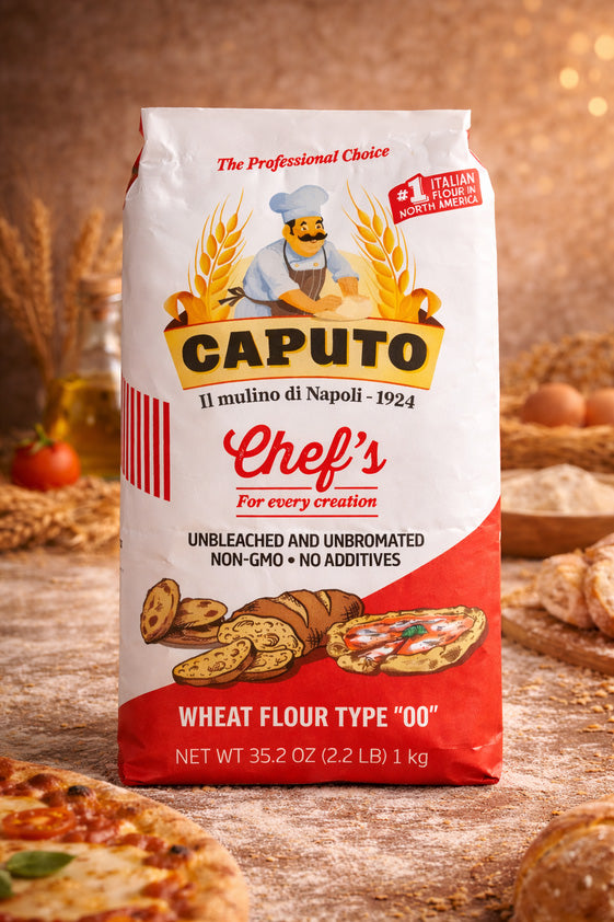 Bag of Caputo wheat flour with a pizza and bread in the background