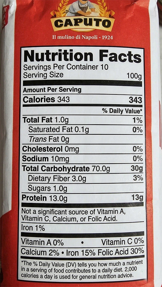 Nutrition facts label on a Caputo product packaging