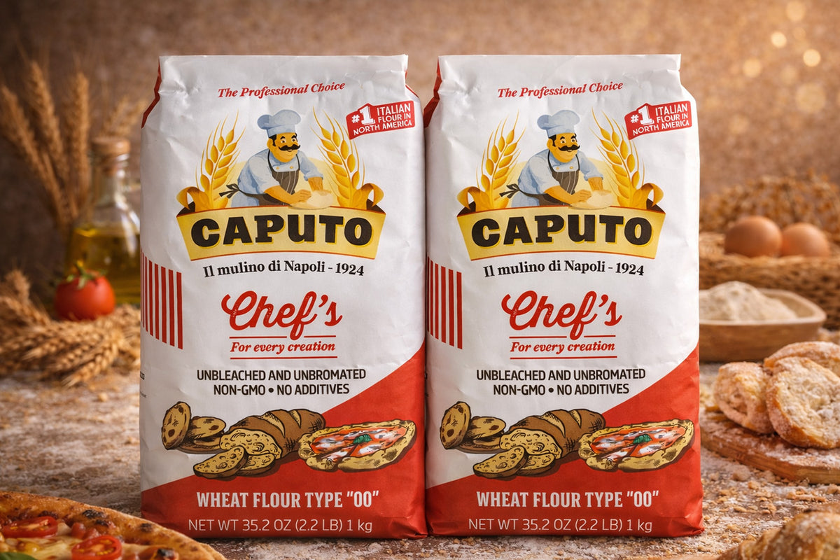 Two bags of Caputo Chef's wheat flour with a rustic background featuring bread and ingredients.