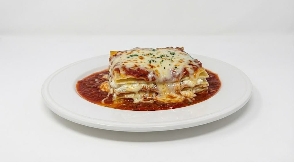 Lasagna on a white plate with tomato sauce on a white background