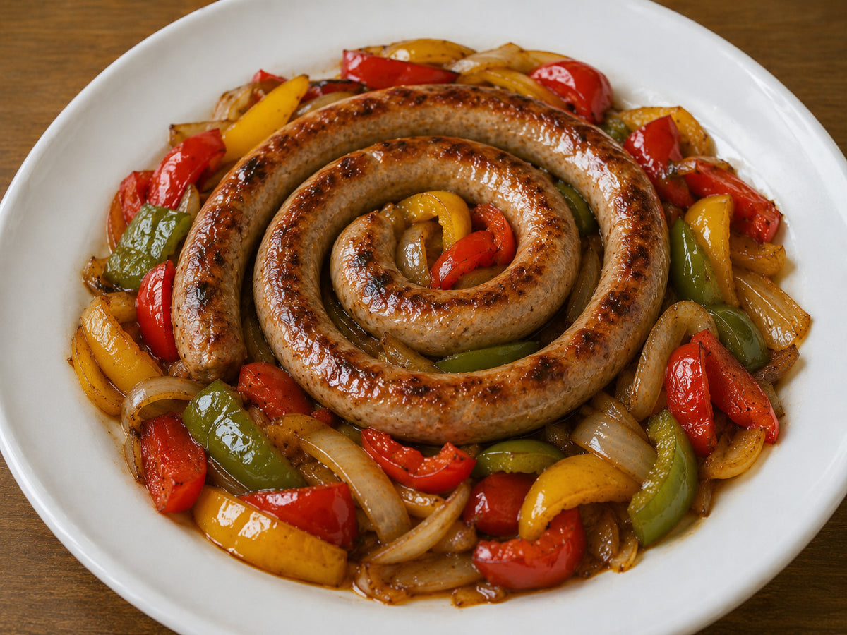 Sausage and Peppers - Cheese and Parsley sausage wheel plated with delicate sliced peppers and onions. 