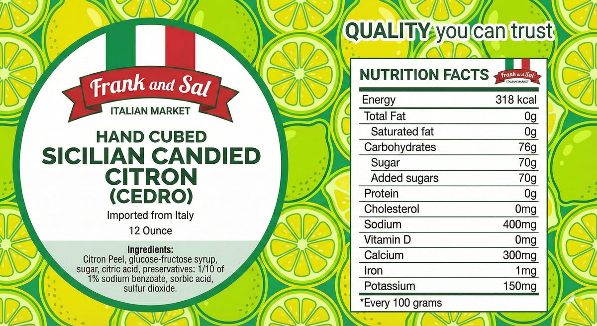 Label for Frank and Sal Sicilian Candied Citron with nutritional facts and ingredients listed.