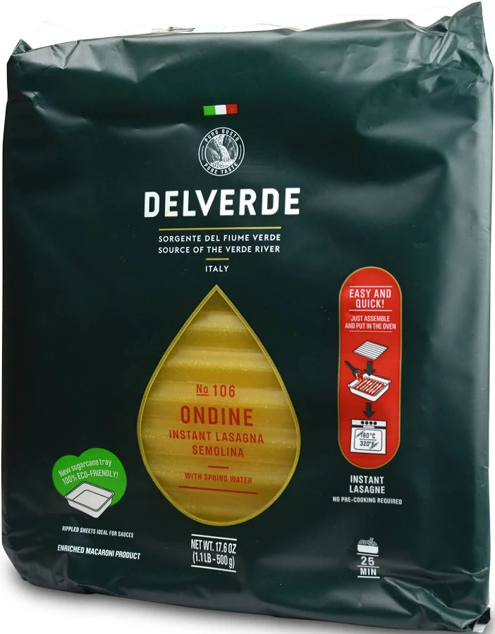 Delverde Ondine No. 106 no-boil lasagna sheets with baking tray, angled package view.
