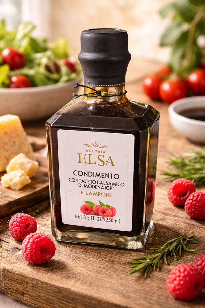 Acetaia Elsa raspberry balsamic condiment with Aceto Balsamico di Modena IGP 8.5 fl oz bottle