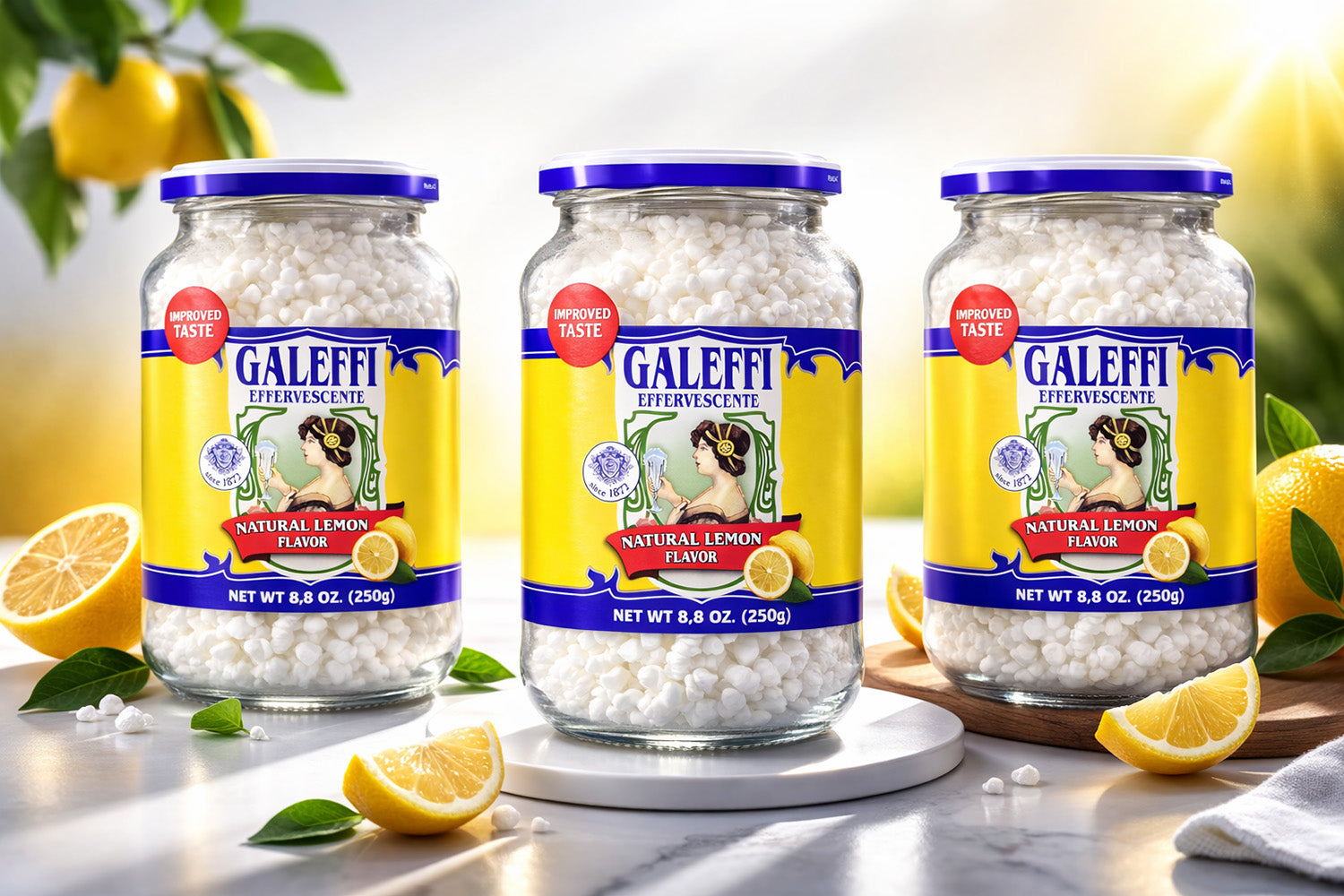 Three jars of Galeffi Efferescenze with lemon flavor on a light background