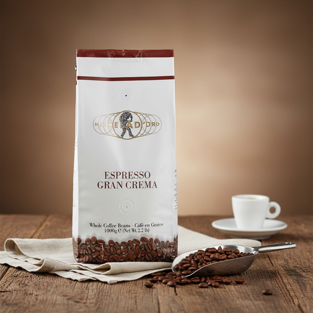 Espresso Gran Crema' with coffee beans and a cup on a wooden surface.