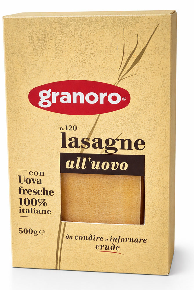 Granoro lasagne packaging with brown cardboard and red logo on a white background