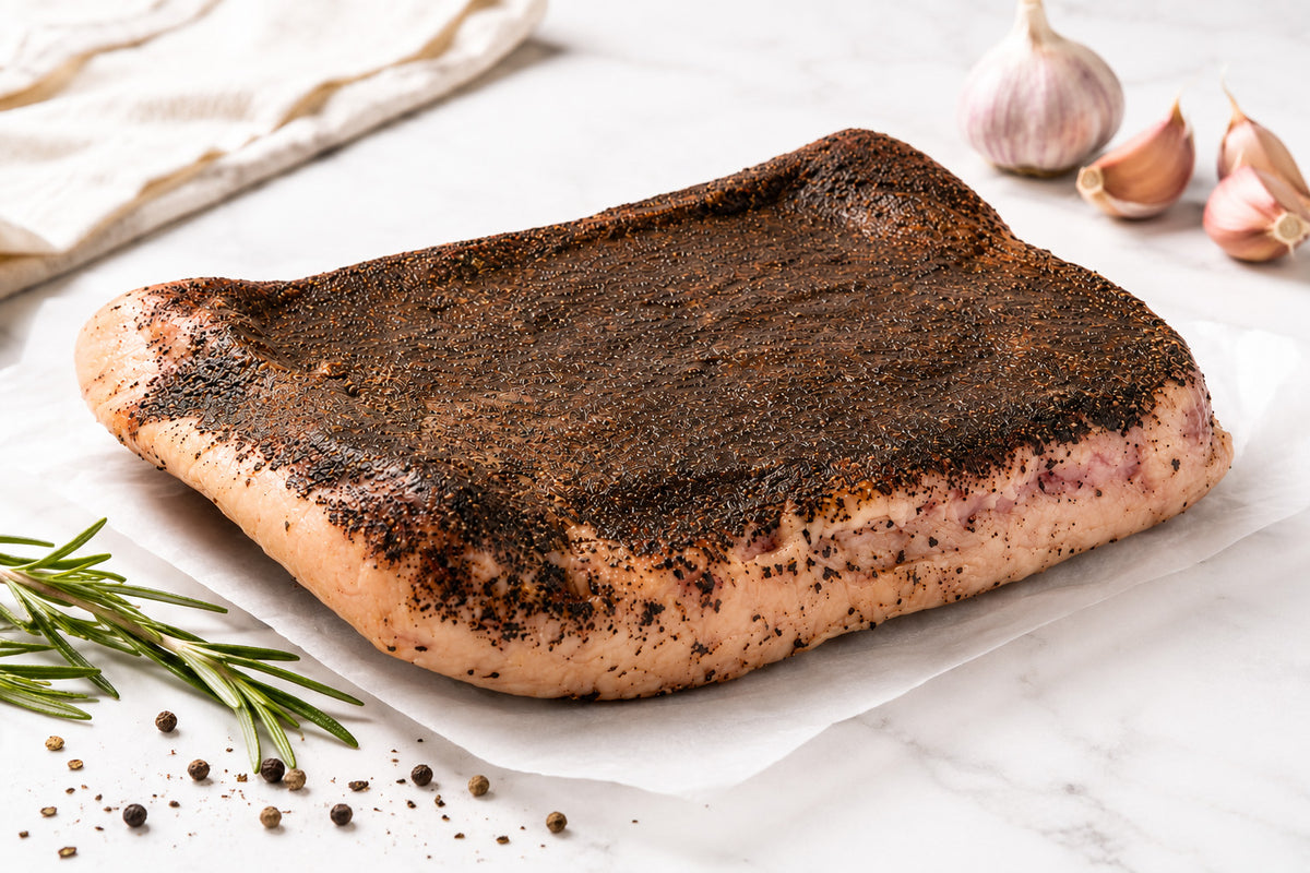 Guanciale with black pepper on white parchment paper with rosemary and garlic, photographed on a bright marble background"