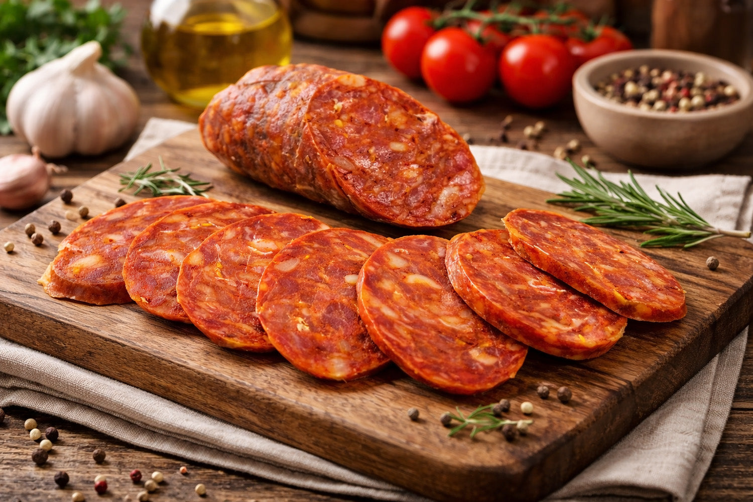 Hot-soppressata on a wooden board Frank and al Brand 