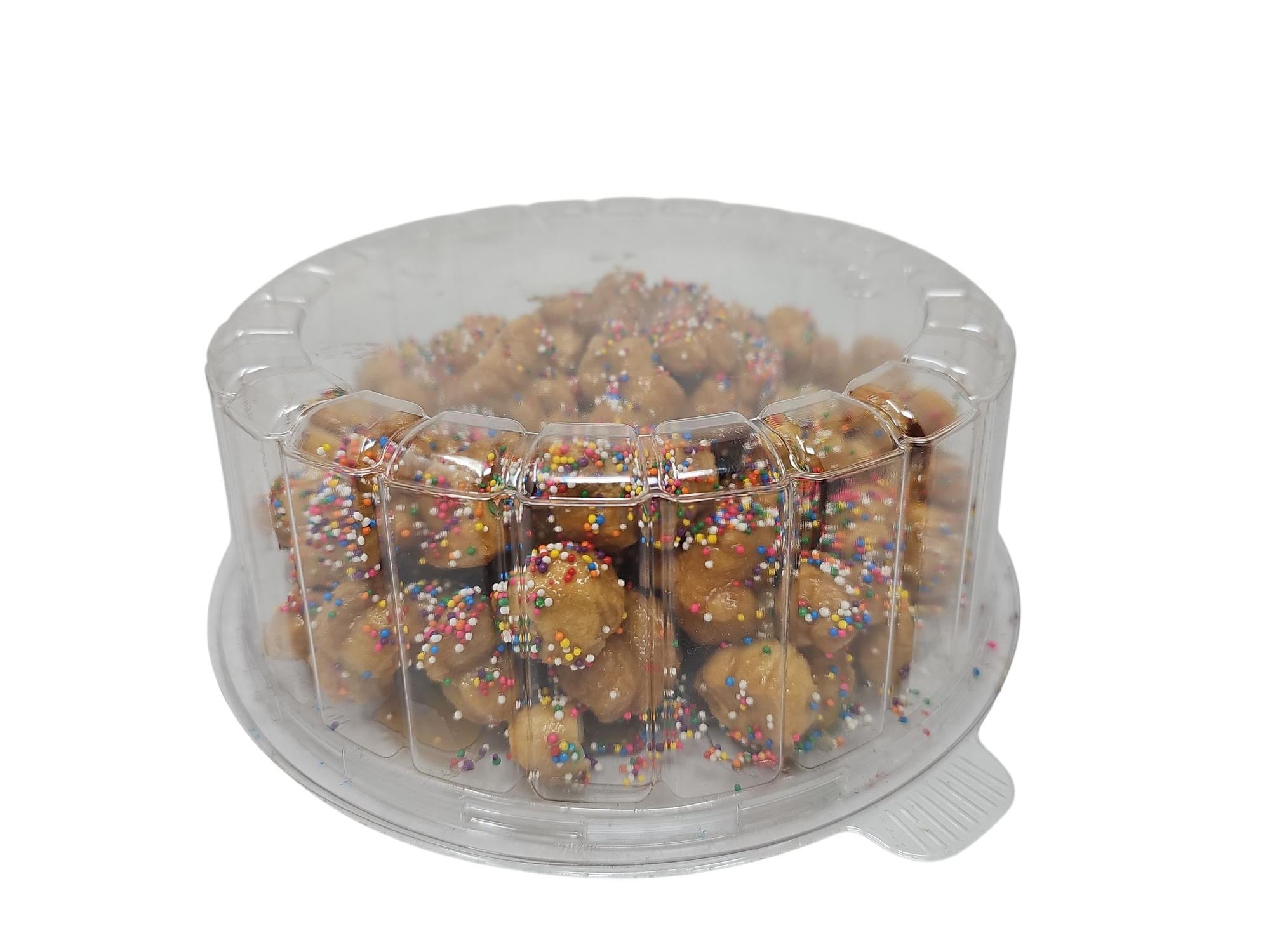Clear plastic container with struffoli on a white background