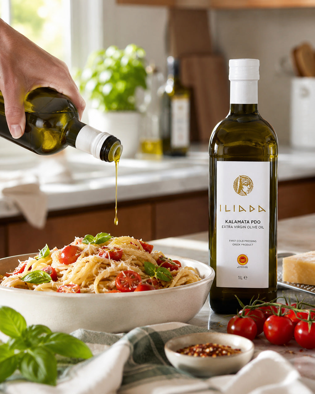 A bottle of Ilida Kalamata PDO extra virgin olive oil stands beside a bowl of pasta being drizzled with the oil, in a bright kitchen setting with tomatoes, basil, and a hand pouring.