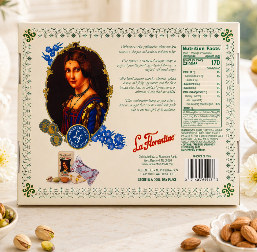 La Florentine product packaging with a portrait and nutrition facts on a light background