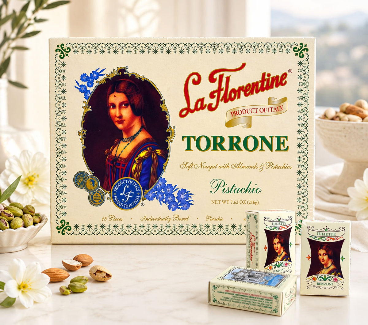 La Florentine Torrone packaging on a table with nuts and flowers