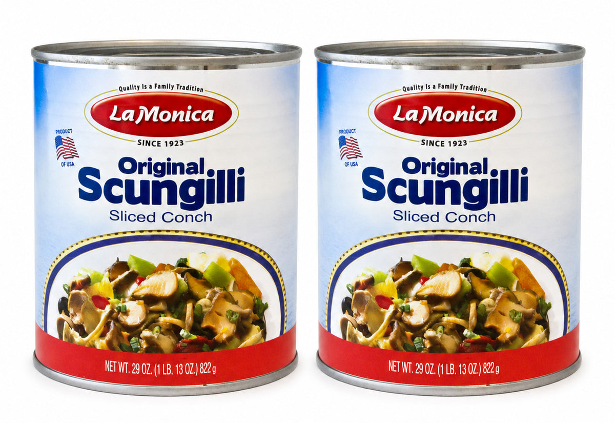 Two cans of LaMonica Original Scungilli Sliced Conch on a plain white background.