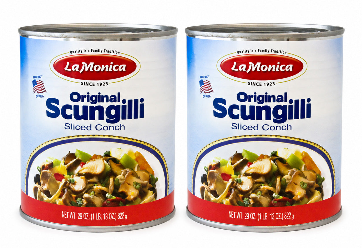 Two cans of LaMonica Original Scungilli Sliced Conch on a plain white background.