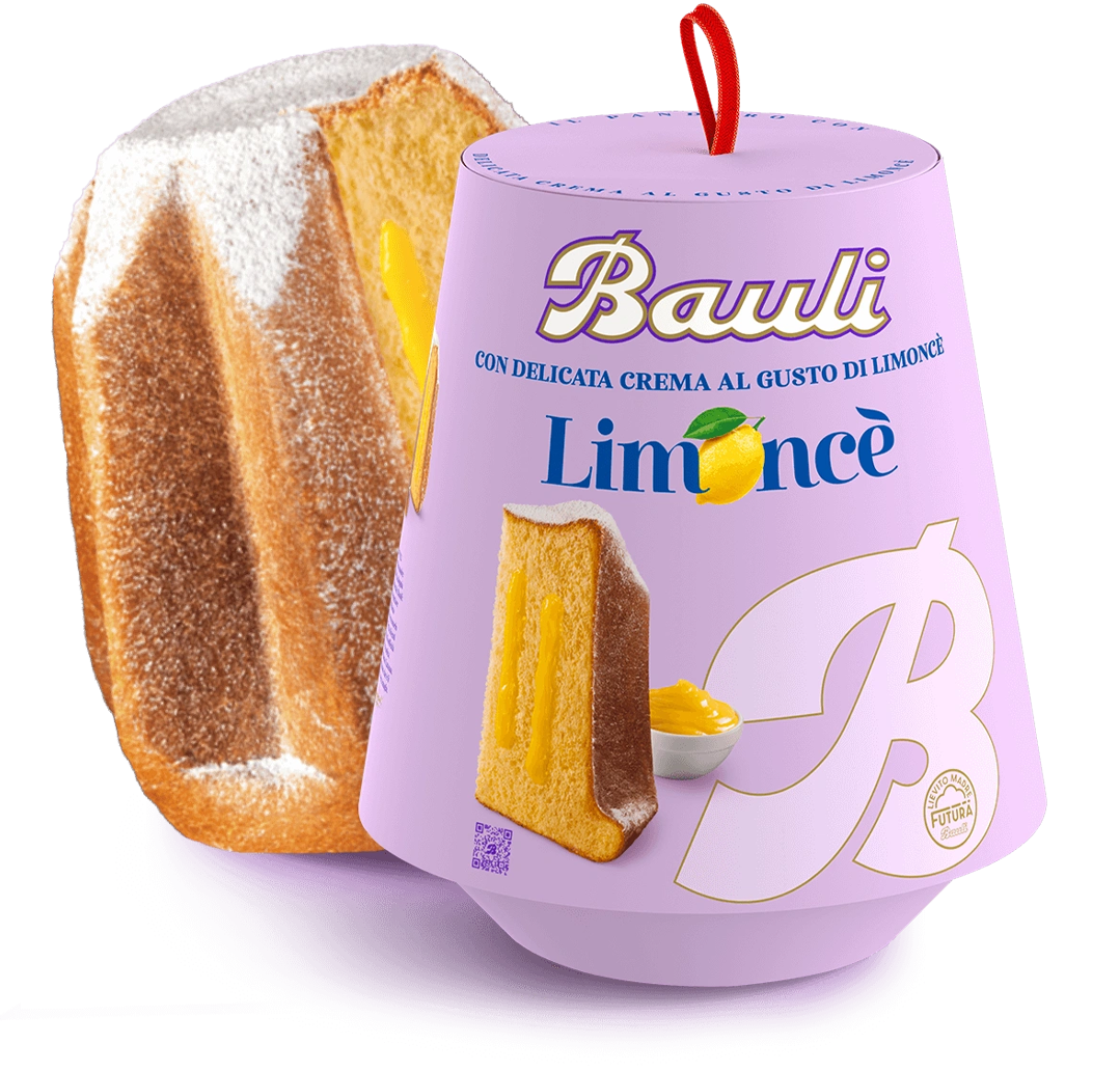 Bauli Limonè dessert packaging with a slice of cake on a clear background
