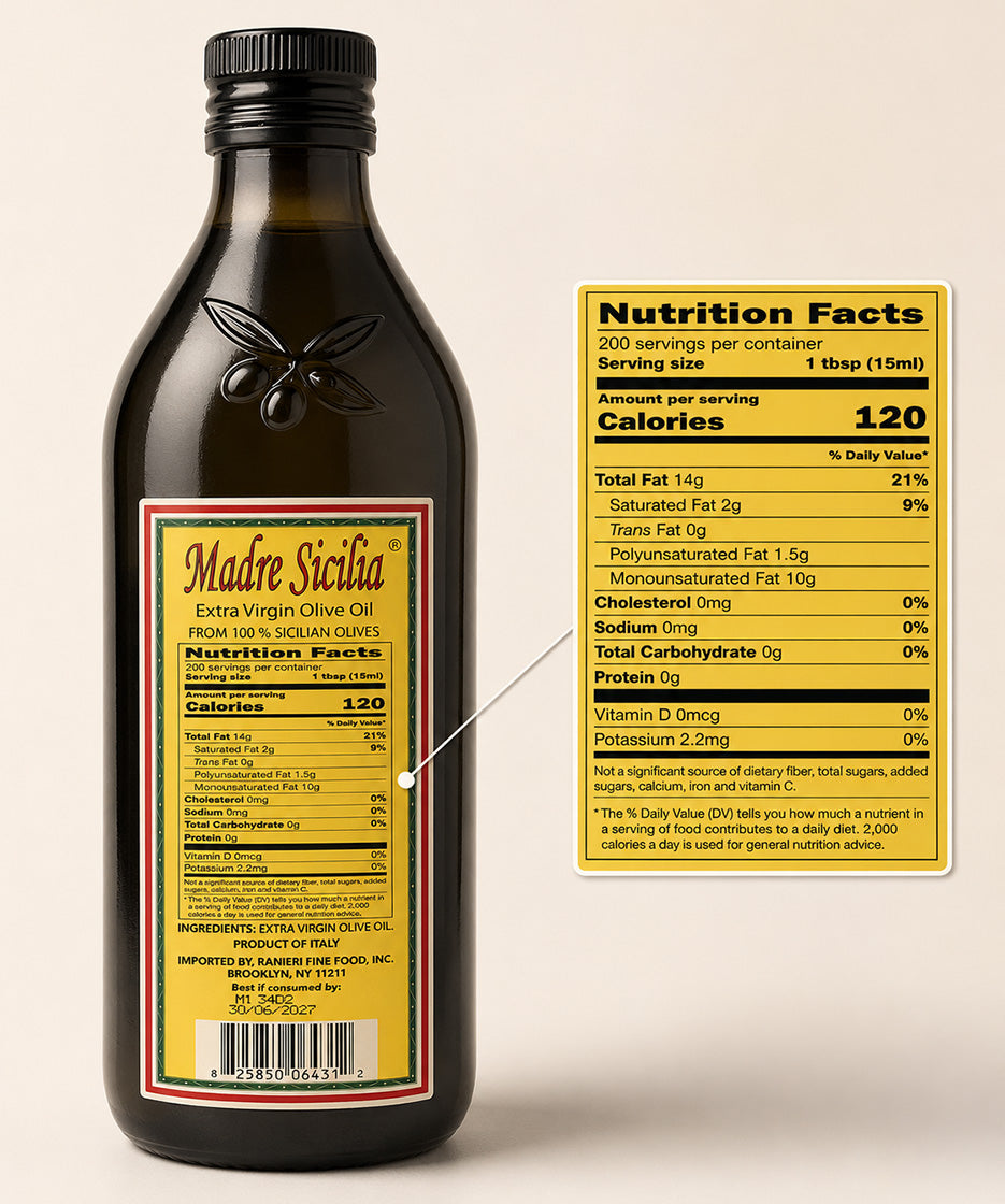 Bottle of Madre Sicilia olive oil with nutrition label on a beige background