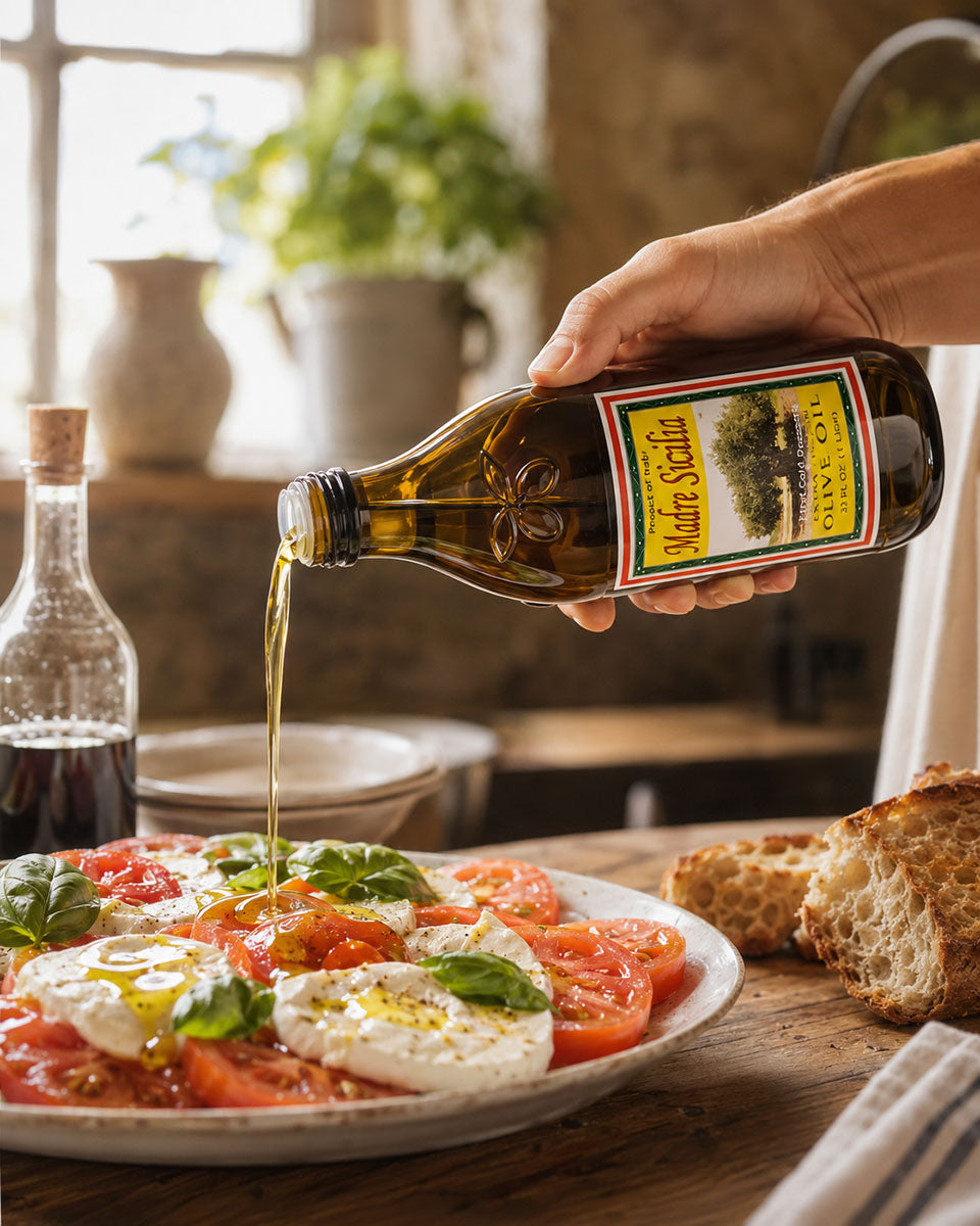 Person pouring Madre Sicila olive oil from a bottle onto a salad with tomatoes and mozzarella.