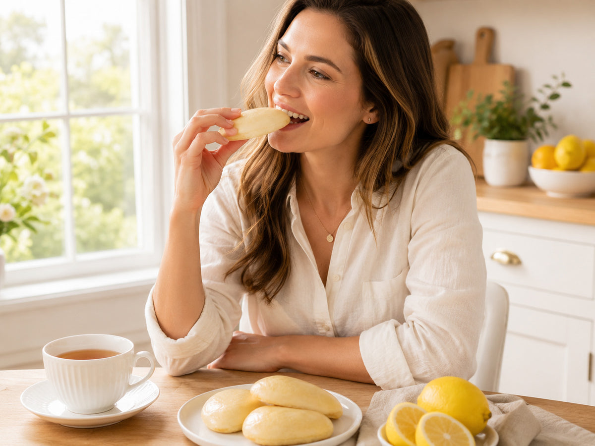 Woman eating a Mama Raos Lemon Drop Cookie with a cup of tea on a kitchen counter
