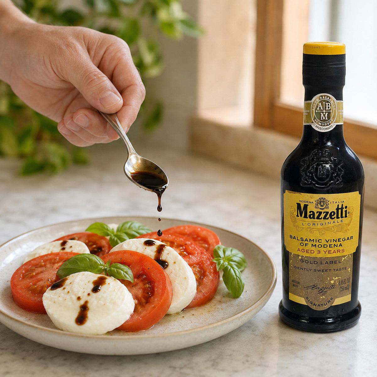 A hand drizzles balsamic vinegar from a spoon over a plate of fresh caprese salad, with a bottle of Mazzetti Originals balsamic vinegar standing on the counter beside it.
