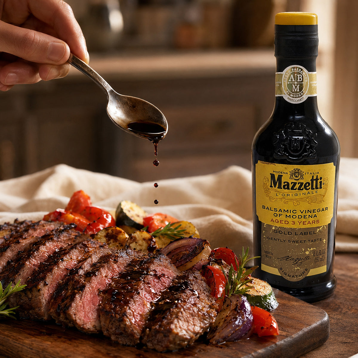 A bottle of Mazzetti Balsamic Vinegar of Modena stands beside a plated grilled steak with vegetables on a wooden board, while a hand uses a spoon to drizzle balsamic over the food.