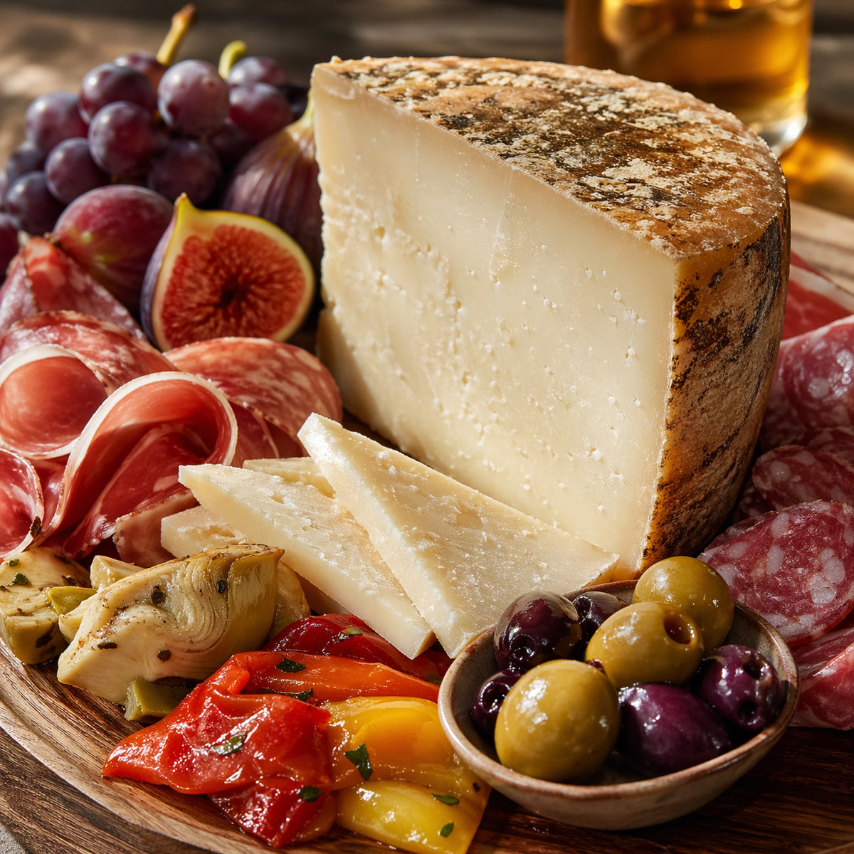 Platter of assorted meats, figs and olives with the centerpiece Moliterno