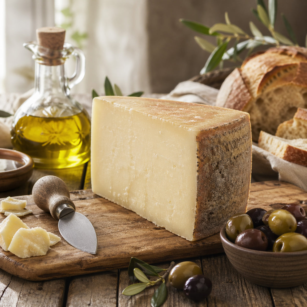 Block of Moliterno cheese on a wooden board with bread, olives, and olive oil.