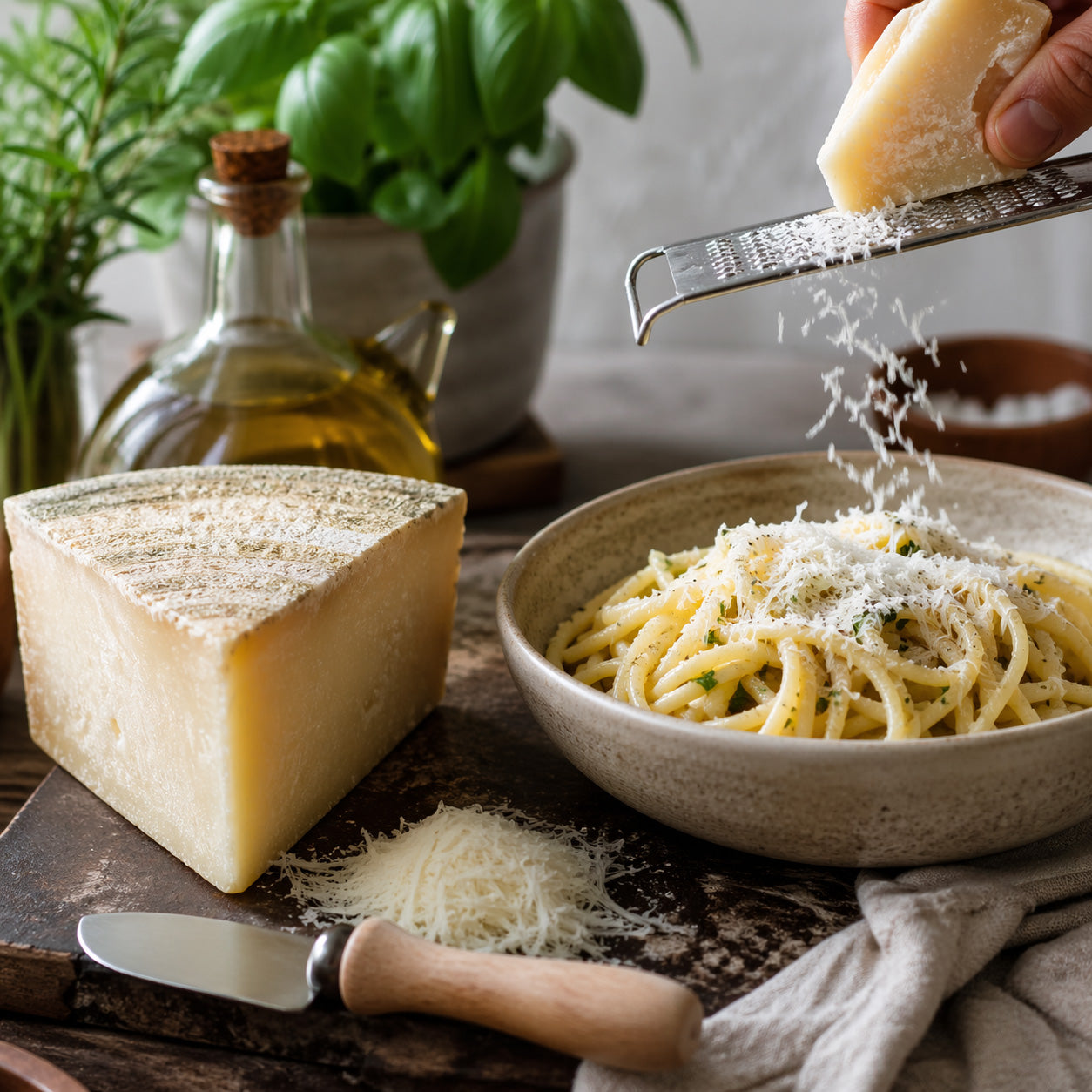 Wedge of Moliterno cheese with a bowl of pasta being grated with a grater.