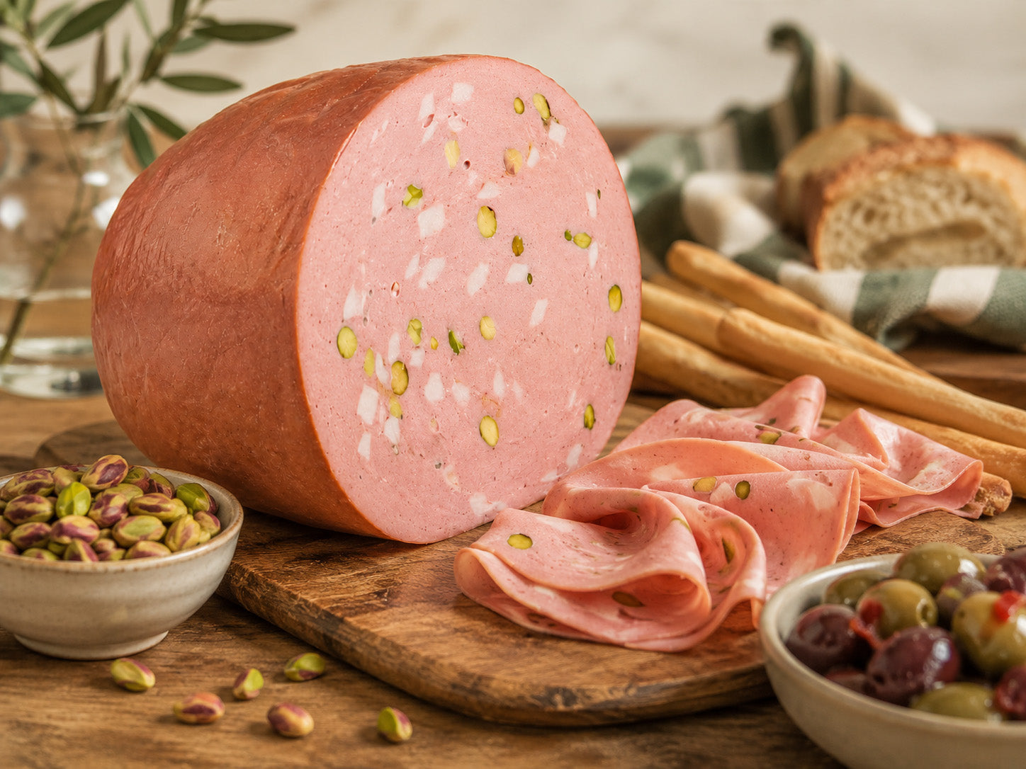 Mortadella on a cutting board with Olives and Pistachio 