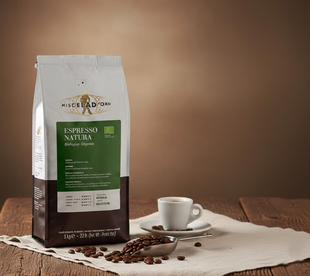 Espresso Natura' on a wooden table with coffee beans and a cup.