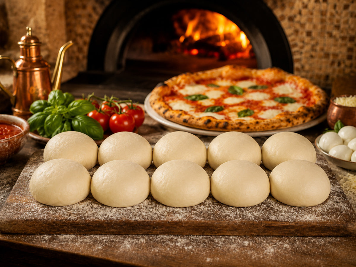 Freshly rolled New York City pizza dough balls arranged on a wooden board in front of a lit wood-fired oven, with tomatoes, basil, mozzarella, and sauce visible around them.