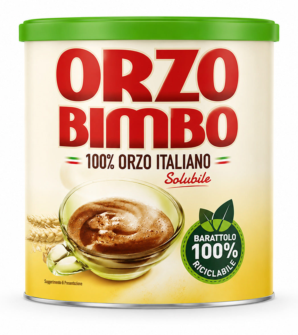 A Can of Orzo Bimbo with a green lid and label showing a bowl of orzo and text.