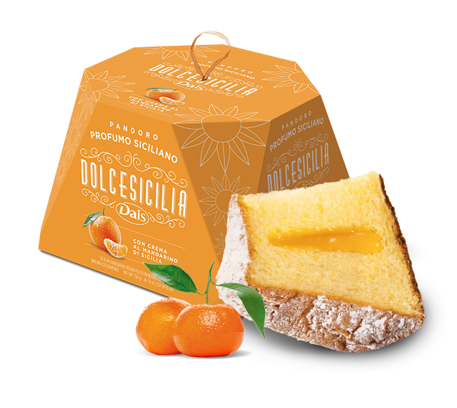 Dais Dolce sicilia Pandoro with packaging and oranges on a white background